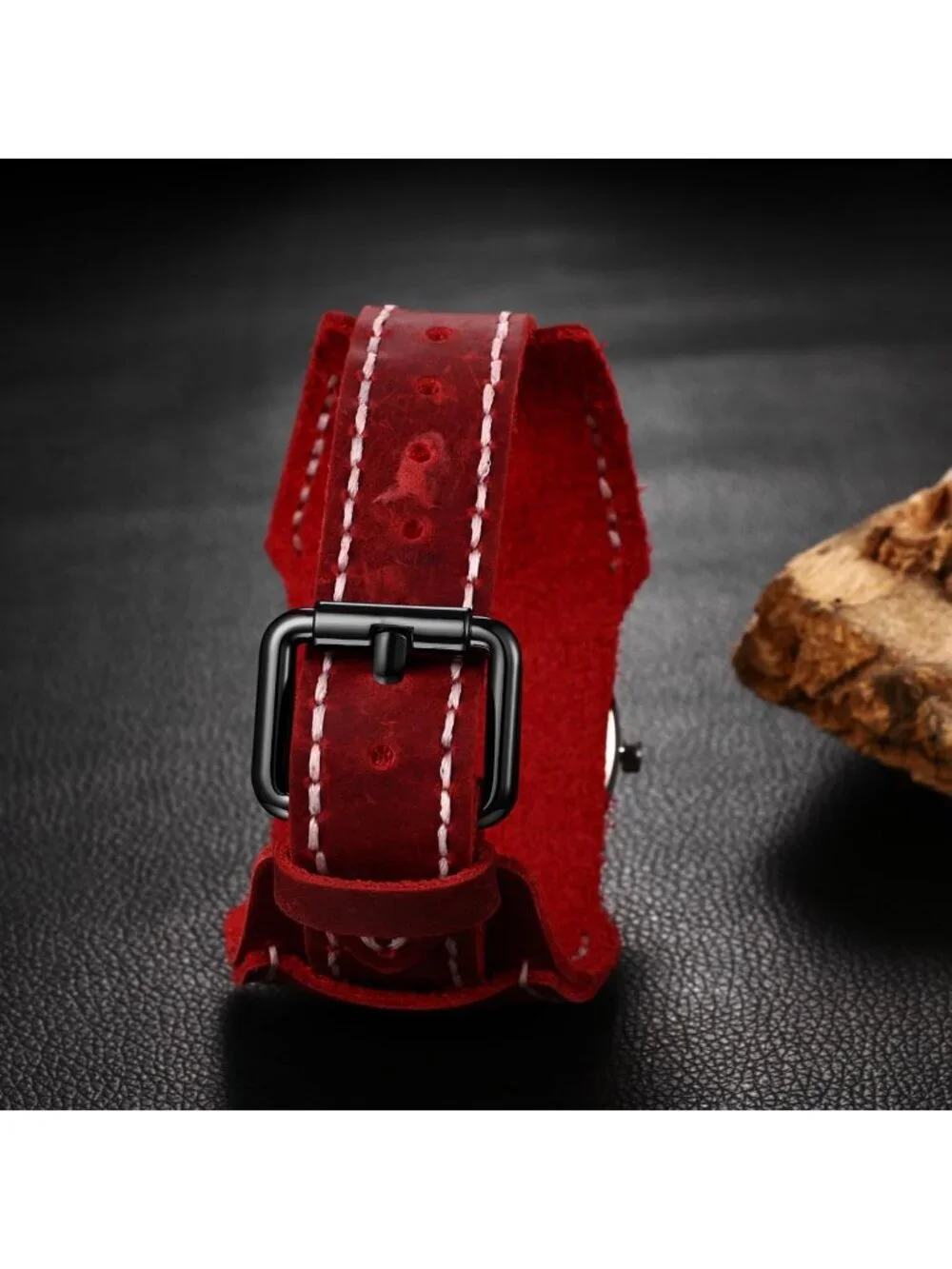 Men's Red Analog Quartz Steampunk Leather Gothic Skull Wide Cuff Wrist Watch